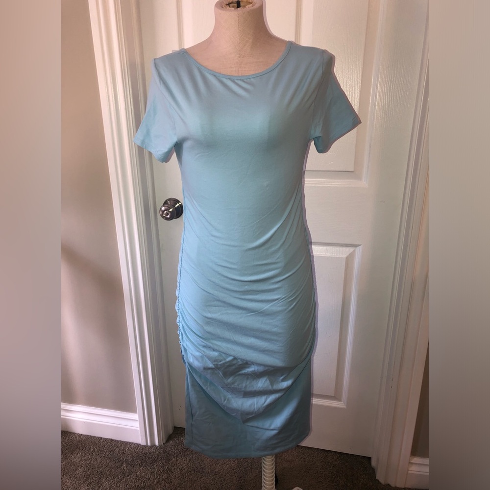 3/$20 Isabel Maternity by Ingrid & Isabel Blue Ruched Bodycon Midi Dress